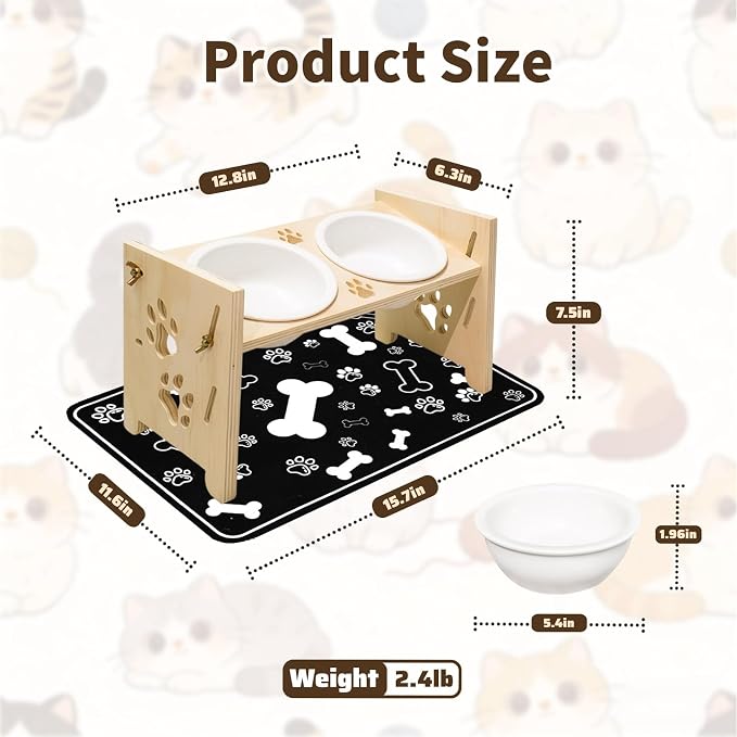 2026 New Elevated Cat Bowls with Food Mat, Adjustable Height & Angle Raised Cat & Dog Bowls Stand for Food and Water, Cat or Small Dog Feeding Station, 2 Ceramic Bowls for Cats and Puppy(Natural Wood)