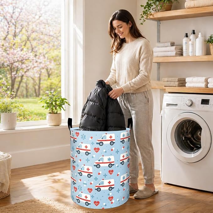 Ambulance Laundry Basket, Medical Vehicle Oxford Cloth Dirty Clothes Collapsible Hamper for Room Decor, Cute Medical Theme Gifts, Toy Organizer 19.7 x 15.7 Inches for Bedroom Bathroom Dorm