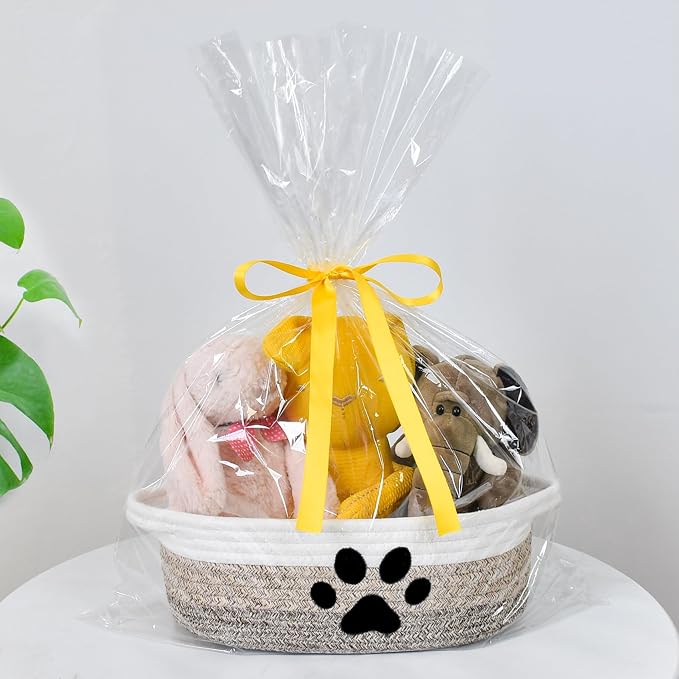 ABenkle Small Woven Basket with Handle, Cute Dog Paw Baskets for Gifts Empty, Decorative Rope Woven Storage Dog Toy Basket, Nursery Baskets for Baby Shower, 12" x 8" x 5"
