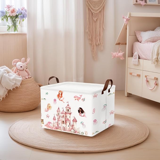 Cute Rectangle Baby Girl Gift Basket Toy Storage Bin Nursery Playroom Bedroom Decor (Pink Castle)
