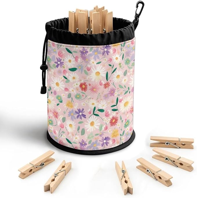 Clothespin Bag, Multi-Color Floral Large Clothes Pin Hanging Bag, Pin Bag with Large Opening for Clothes Lines Outside Yard Home Decoration