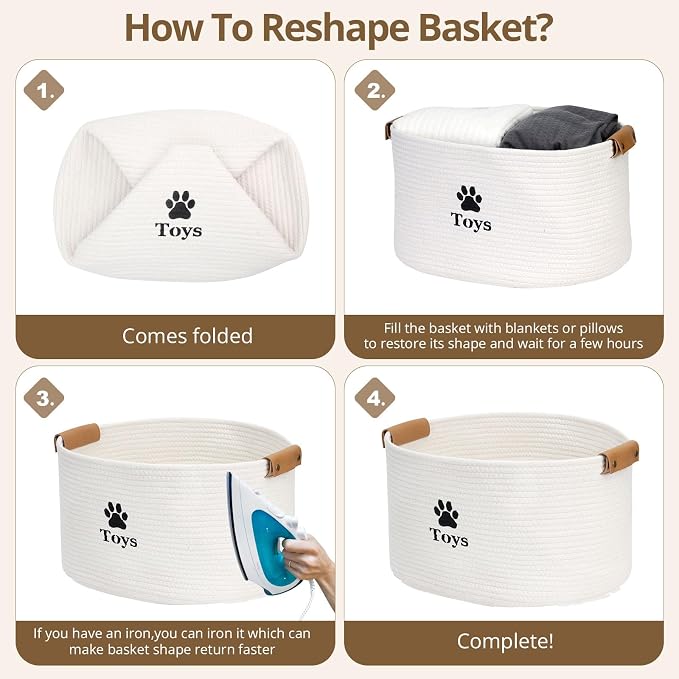 Dog Toy Basket, Quality Cotton Rope Dog Toy Bin (13’’x9’’x7.5’’) | Cute Paw Print Small Basket for Dog Toys, Portable Toy Storage Organizer with Handles for Pet Supplies, Toys & Accessories