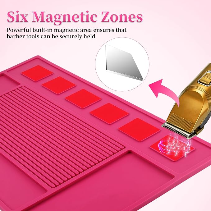 Magnetic Barber Mat for Clippers, Station Organizer with 6 Magnets | Silicone Material, Anti-Slip Surface, Heat-Resistant, Waterproof, Easy Clean, Tool Slots Design, For Barbershop & Salon, Rose