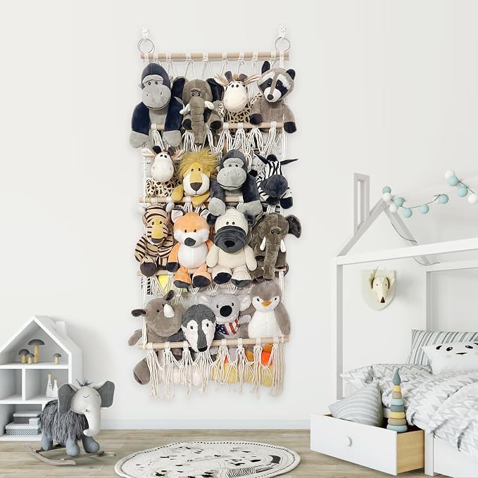 Stuffed Animal Net or Hammock Corner Plush Toy Storage Organizer 4 Layer | Stuffed Animal Hammock Net with Boho Macrame Wall Hanging for Storage Saves Space Keeps Small Stuffed Animal Organized