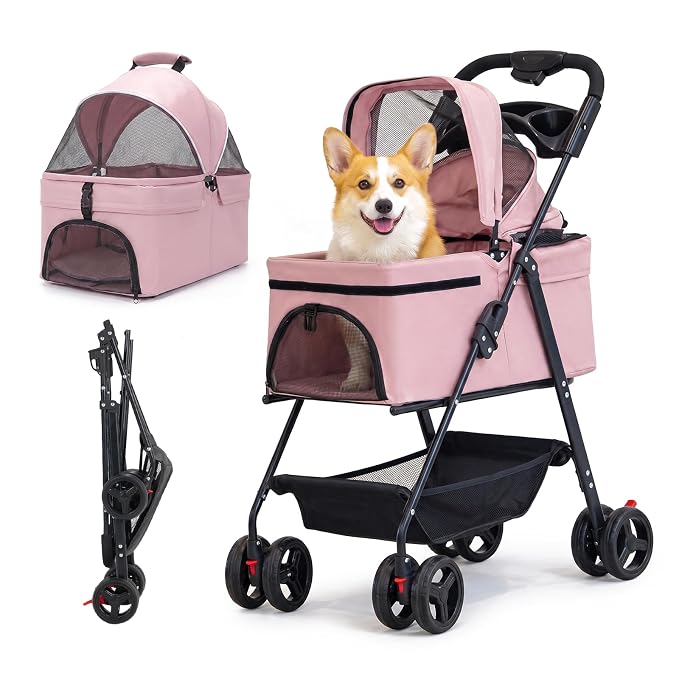 4-Wheel Pet Stroller for Small Medium Dogs Cats, One-Click Foldable | Portable Dog Stroller, Detachable Carrier, Cup Holder & Storage Basket, Safety Tether, Breathable Mesh, Up to 44lbs, Pink