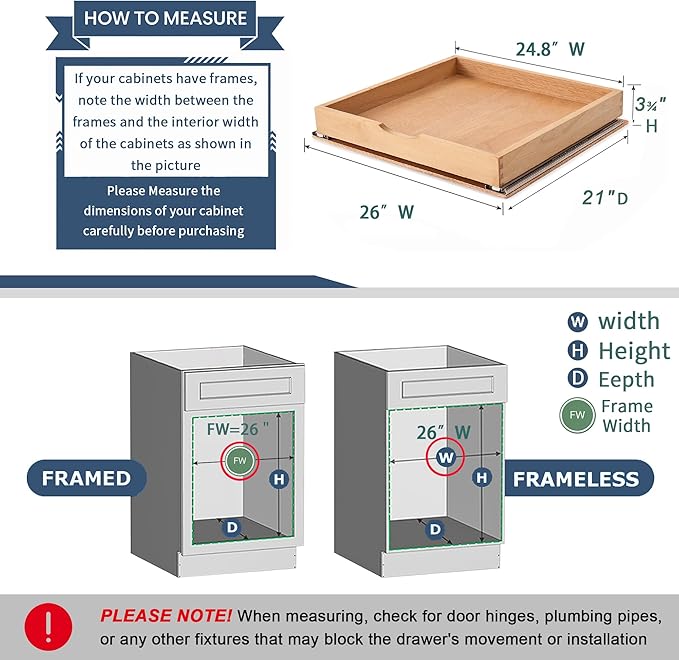 Pull Out Cabinet Drawers - 6x2 Size Options (12-23'W,18-21'D), Pre-Assembled with Soft Close Slides, Solid Beechwood, Easy Installation(26'W x 21'D)