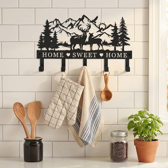 Deer Mountain Metal Key Holder Wall Mount Key Holder for Wall Rustic Cabin Decor Key Rack Hooks Hanger Woodland Wildlife Wall Art Entryway Organizer Housewarming Hunting Gifts