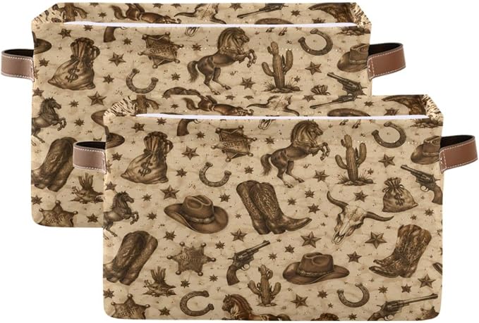 Kigai Storage Basket, Fabric Collapsible Closet Organizer Bin | Western Print Waterproof Foldable Canvas Basket with Handles for Shelves, Nursery, Closet, Bedroom & Bathroom