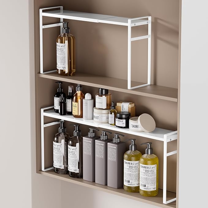 Expandable Medicine Cabinet Organizer, White | Heavy-Duty, Metal, Adjustable Shelf Trays, For Bathroom, Kitchen, Narrow Spaces, Space-Saving Storage Solution