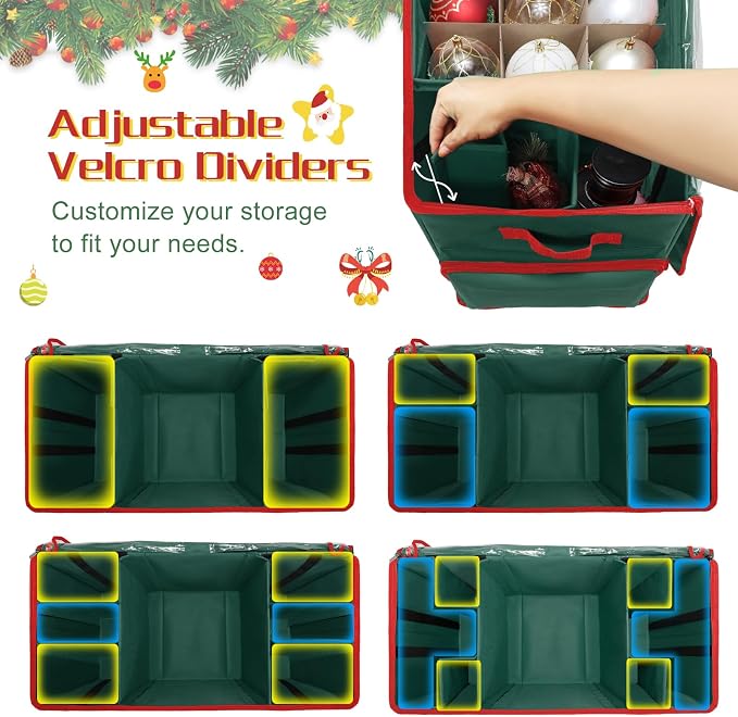 2-in-1 Christmas Ornament Storage Box Keeps 64-3"/36-4" Holiday Ornaments | Xmas Figurine Organizer Container,4 Separate Trays , Adjustable Extent Area for Figurines and Pockets for Holiday Décor