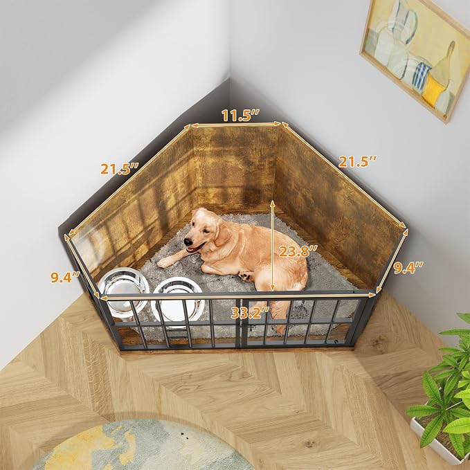 APRILSOUL 42 inch Furniture Dog Crate Corner, Wooden End Table with Bowl, Indoor Pet Crate Side Table for Dogs, Wide Top Perfect for Limited Room