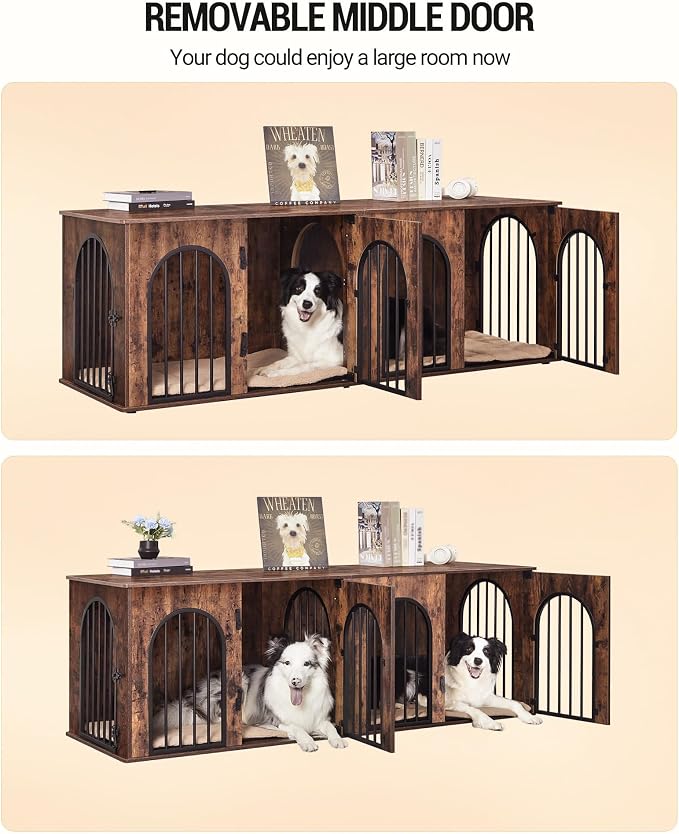 Hzuaneri 70.9" Double Dog Crate Furniture, Dog Kennel Indoor with Cushion | Heavy Duty Dog Crate Furniture for 2 Dogs,Dog Cage End Table TV Stand with Divider for Med-Large Dogs,Rustic Brown DFC81901B