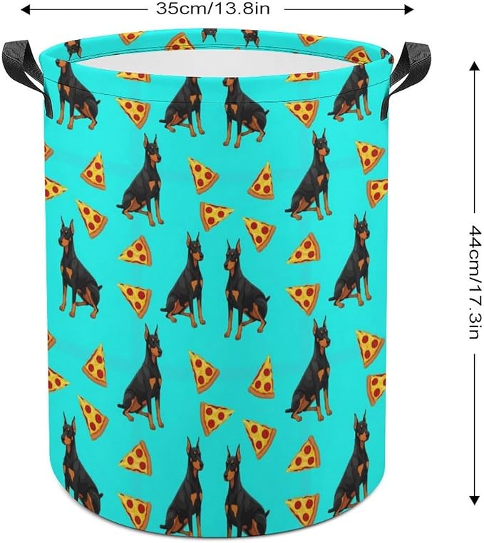 Large Laundry Basket with Handles Doberman Pinscher Turquoise Pizza, Collapsible Waterproof Hamper for Clothes, Toys, and Towel Organization at Home