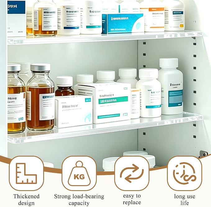 Windspeed 4Pcs 13x3 inch Acrylic Medicine Cabinet Shelf Replacement for Cabinet Medicine Shelf Wall Mounted for Kitchen Living Room Bathroom Organization, with 160 Labels, Pen, Wiping Cloth