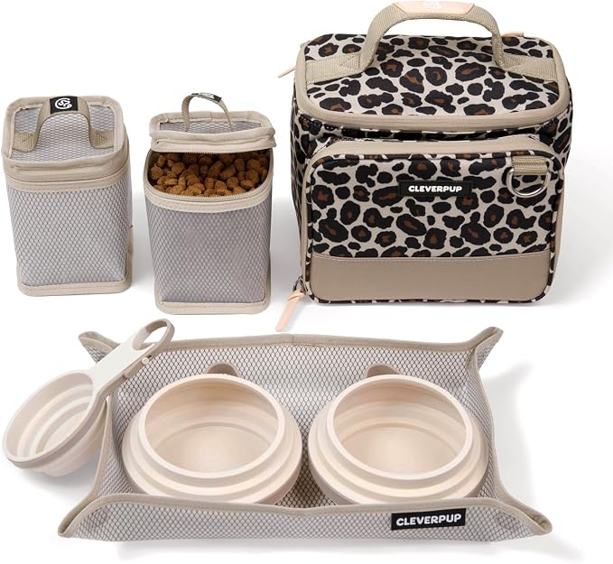 Small 7-Piece Bistro Box Dog Food Travel Kit, 6-Cup BPA-Free Kibble Storage, 2 Silicone Bowls, Mat & Scoop - Portable Pet Food Kit for Weekends, Overnights, Daycare & Camping, Leopard