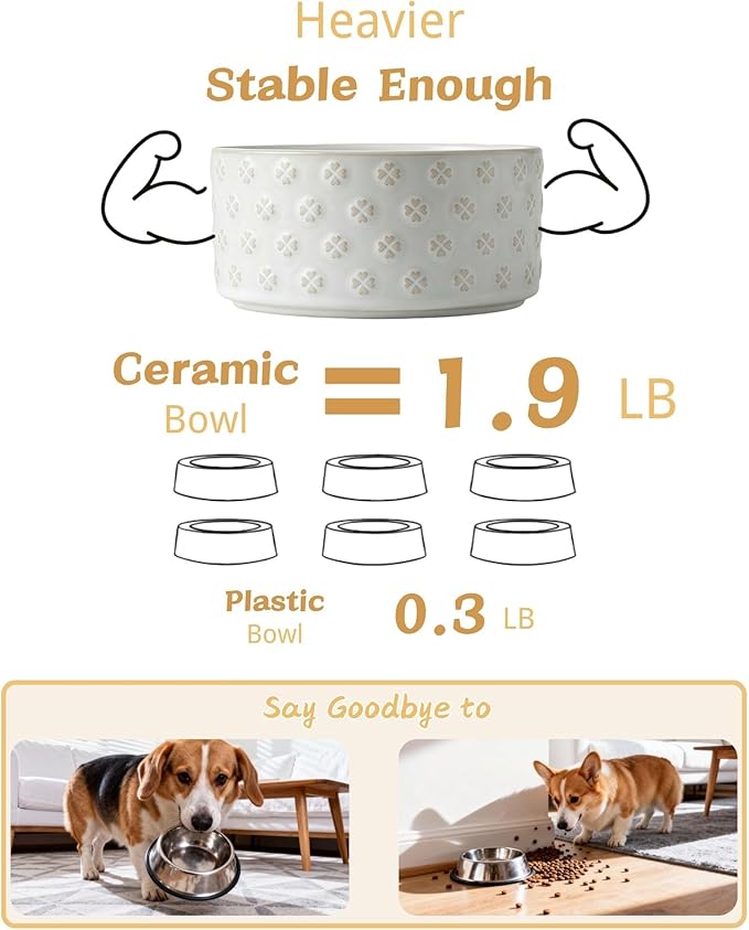 TRUVIC Ceramic Dog Bowl with Wood Stand, Jun Blanc Four-Leaf Clover Relief Dog Food and Water Bowl, 2 Cup/14 oz Puppy Food Bowl for Medium Dogs, Dishwasher Safe, Modern Geometric, Four-Leaf Clover