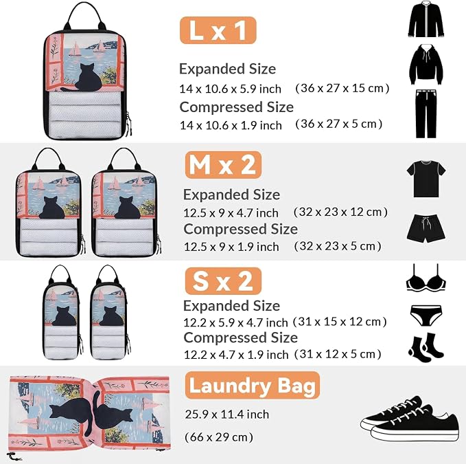 Cute 6 Set Compression Packing Cubes Black Cat Expandable Packing Organizer for Travel Accessories Luggage Suitcase Bag