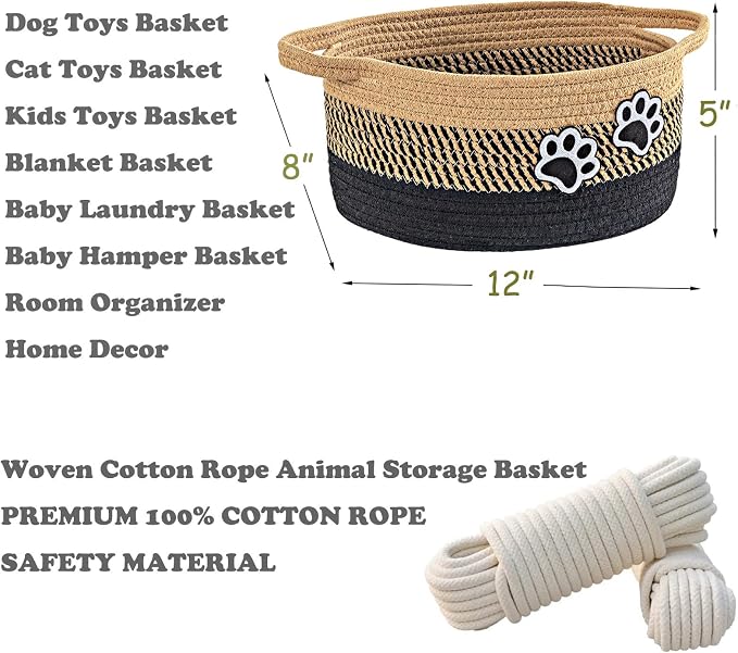 Small Woven Cotton Rope Nursery Organizer Bins, Dog Toy Basket Bins with Handle, Cute Empty Pet Gift Storage Baskets with Paw