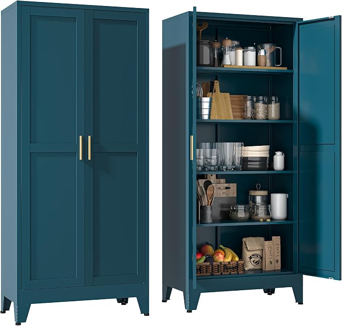 YAUWOH 71''Metal Cabinet with 4 Adjustable Shelves,5-Tier Pantry Storage Cabinet,Kitchen Pantry Cabinet for Living Room,Dining Room, (1PC,Blue)