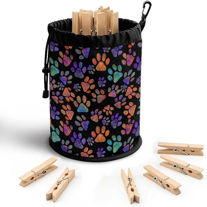 Dog Paw Portable Clothespin Organizer Bag, Drawstring Laundry Peg Storage Pouch with Hanging Loop, Compact Clips Holder for Drying Rack, Camping, Beach, Home