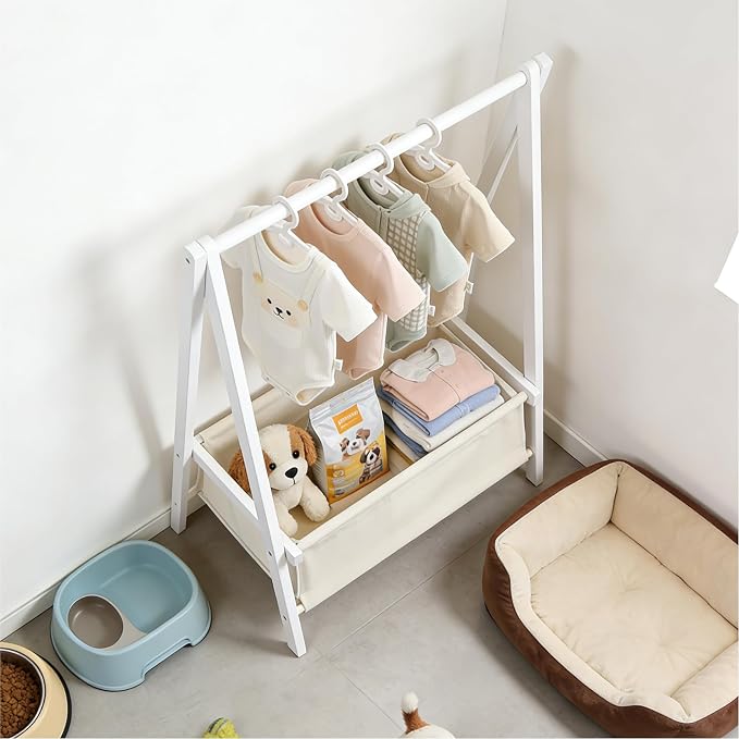 Baby Clothing Rack for Baby Shower, Pets Clothes Rack with Storage Box & Hanging Rod for Dogs/Cats, Mini Dolls Closet Rack, Bamboo Baby Shower Rack for Nursery Room (White)