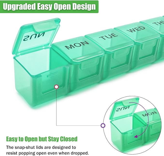 2 Pack Weekly Pill Organizer, Large 7 Day Travel Pill Case (Orange & Green) | Daily Vitamin Case Medicine Box, AM/PM Pill Containers Twice a Day for Medicine Supplements Fish Oil, Portable & Durable
