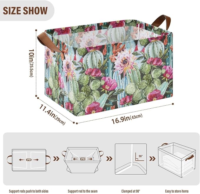 Cactus Floral Tropical Plant Storage Bins for Shelves with Labels&Handles Fabric Organizer Bin Foldable Rectangle Storage Basket Boxes for Closet, Bathroom, Home, Living Room, 2 Pack
