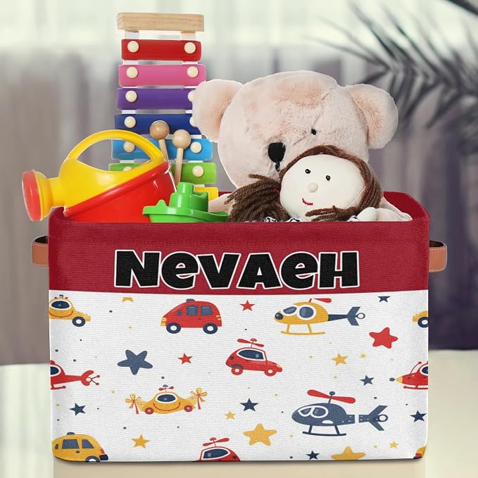 Custom Name Storage Bin, Personalized Rectangular Storage Basket with Handles for Organizing Boys Girls Toys Office Closet Shelf Baskets, Cartoon Cars Helicopters