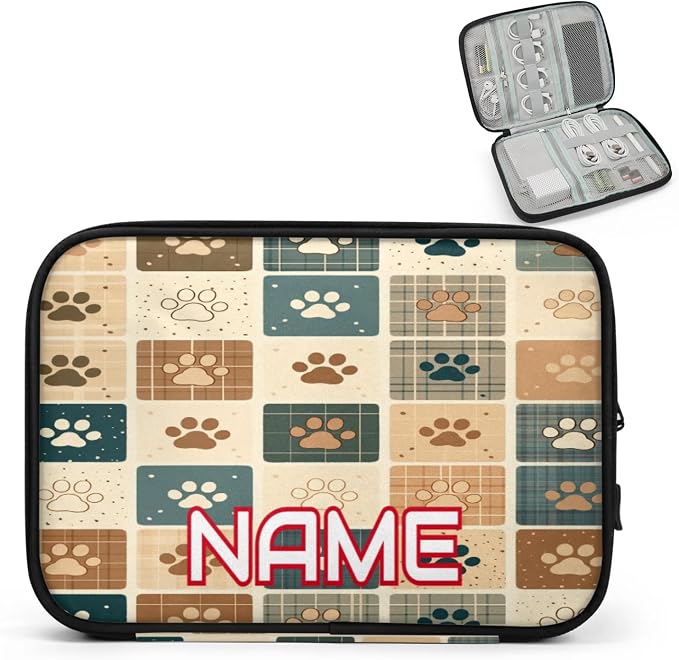 Custom Electronics Organizer Retro Plaid Pet Paw Travel Cable Pouch Large Tech Accessories Case Waterproof Cord Storage Bag for Power Bank Charger Phone Earphone