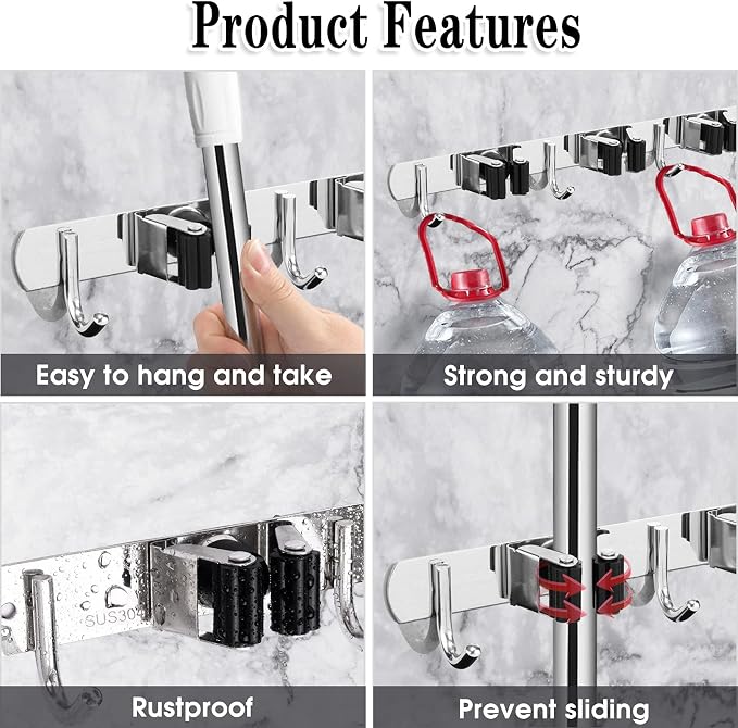 AceMining Broom Holder Wall Mount, 3 Racks 4 Hooks Heavy Duty Mop Organizer | Mop Holder Wall Mount and Broom Hanger for Garage, Laundry Room, Kitchen and Utility Storage