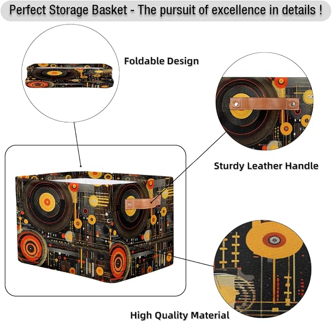 OSAM SPACE Storage Basket Bin Vintage Record Cassette Tapes Rectangular Storage Basket Cube With Handles, Laundry Storage Organizer Basket for Toy Nursery Closet Shelves Bedroom Home