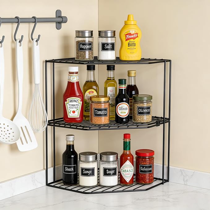 2Pcs 2-Tier Corner Stackable Organizer Shelf - Cabinet Storage Shelf Rack, Shelves，Kitchen Counter and Cabinet Shelf, Storage Rack Organizer for Kitchen (Black)