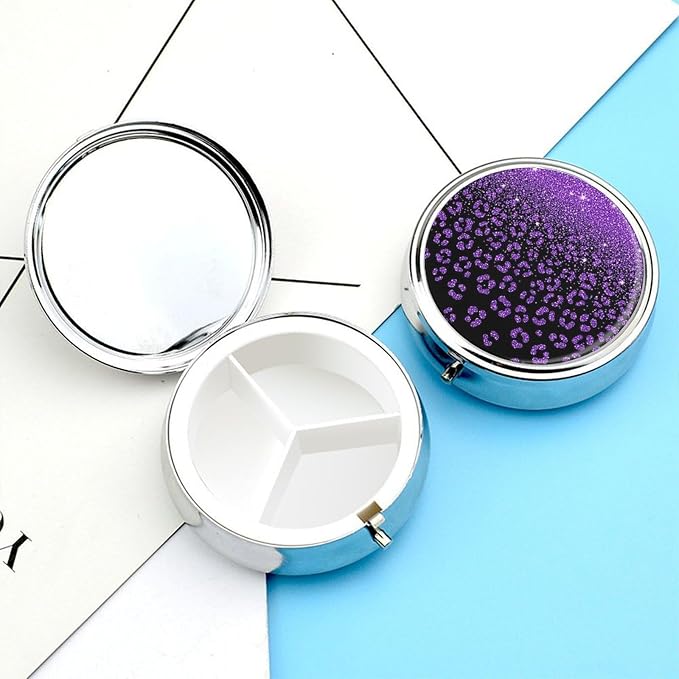 Mirror Top Round 3 Compartment Pill Box Pueple Glitter Cheetah Leopard Print Black, Cute Pill Organizer for Purse Pocket Vitamin Medicine