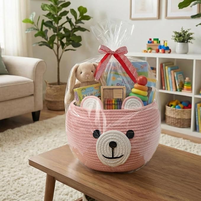 CherryNow Baby Basket for Gifts Empty, Cute Bear Design, Pink | 10.5" x 8.5" Baby Shower Basket for Kids Girls Newborn Storage, Toy Basket for Living Room Nursery Décor, Soft Cotton Rope