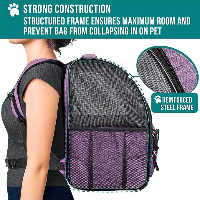 PetAmi Dog Backpack Carrier Airline Approved Cat Pet Puppy Bag, Purple | Ideal for Small Medium Large Pet up to 18 lb, 2 Side Entry Structured No-Collapse Frame, Ventilated Bookbag for Hiking Travel
