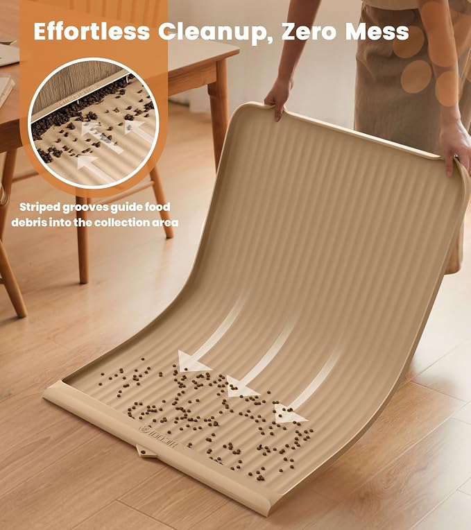 Dog Food Mat 36"x24", Waterproof Dog Bowl Mat, Khaki | Raised Edges Prevent Spills, Diversion Grooves, Waterproof Surface, Non-slip Backing, Easy to Clean