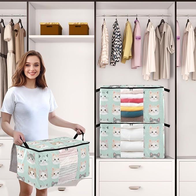 Cute Cats Clothes Storage Bag Bins 2 Pack Foldable Storage Containers Large Closet Organizer with Zipper Storage Cubes for Comforters Clothing Bed Sheets 60L, g355896615p976c1037s2357