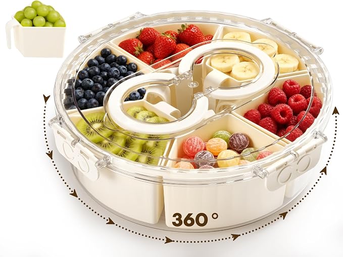 Divided Snack Serving Tray with Lid and Handle，Snackle Box Container for Fruits Candy Organizer，Portable Spinning Rounded Veggie Tray for Kitchen, Party, Trave and Picnic