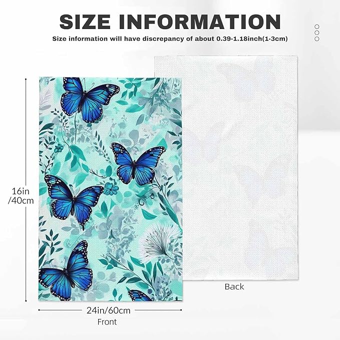 Blue Floral Butterflies Waffle Kitchen Dish Cloths Beautiful Butterfly Green Flowers Ultra Soft Absorbent Quick Drying Dish Towels 16 X 24 Inches Set of 2