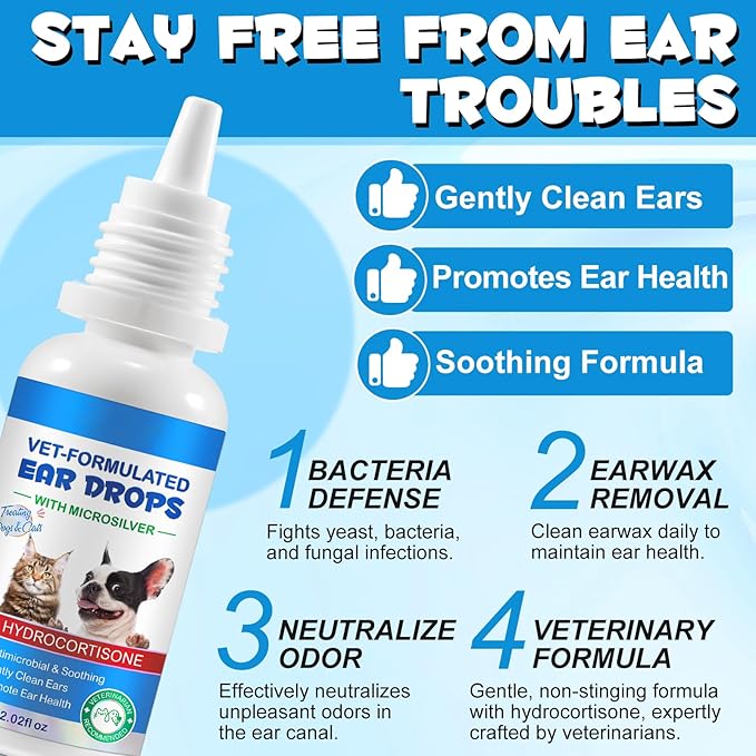 NenMaoKeNu Cat & Dog Ear Infection Treatment Drops, Ear Cleaner to Soothe and Relieve Itchness, with 1% Hydrocortisone for Dog Ear Infections, Prevents Inflammatio, Treats Ear Infections- 2.02 Fl.Oz