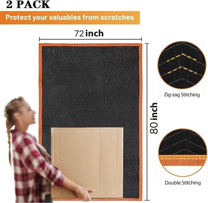 Large Moving Blankets 80 * 72in Heavy Duty Packing Blankets for Furniture Moving Shipping Wrapping Quilted Furniture Pads for Moving, Padded Mover Blankets (Black) 2pack