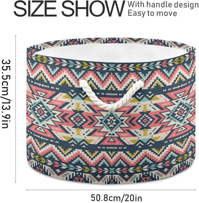 Pink Aztec Print Collapsible Round Storage Basket with Handles | Ethnic Tribal Navajo Large Laundry Baskets Hamper, Clothes Organizer Bin for Bedroom Living Room Decor, 20x 20x 14 Inches