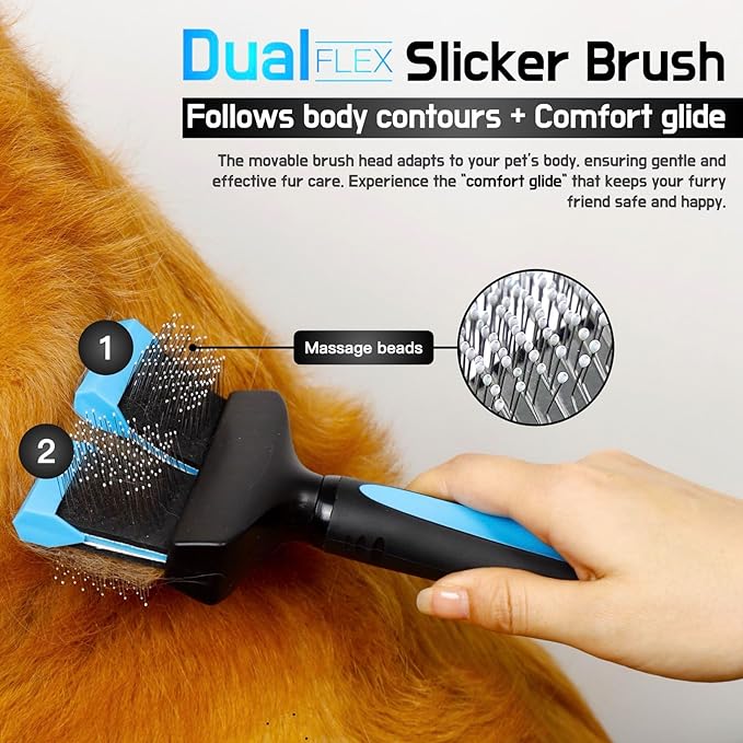 iToleeve Dual Flex Slicker Brush Dog Brush, Gentle Grooming Tool for Sensitive Dogs & Cats - Ideal for Long Hair, Removes Undercoat, Tangles, and Knots
