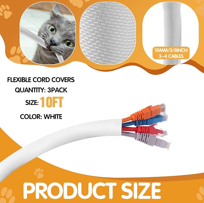 Poen 3 Pack 30ft Cord Protectors from Pets No Chew, 3/8 Inch