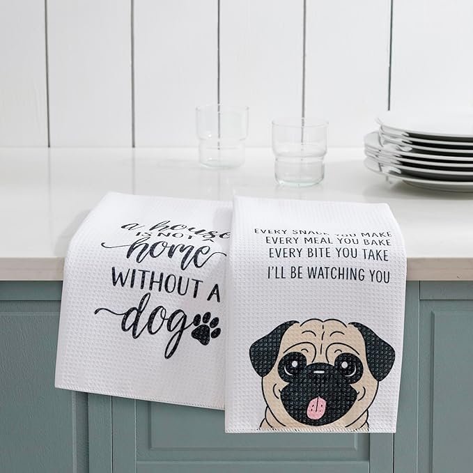 Set of 2 Waffle Weave Kitchen Towels, 380 GSM Absorbent Quick-Dry Microfiber Dish Towels, Funny Dog Tea Towels, 18 x 30 Inches, Gift for Dog Lovers, Kitchen Decor