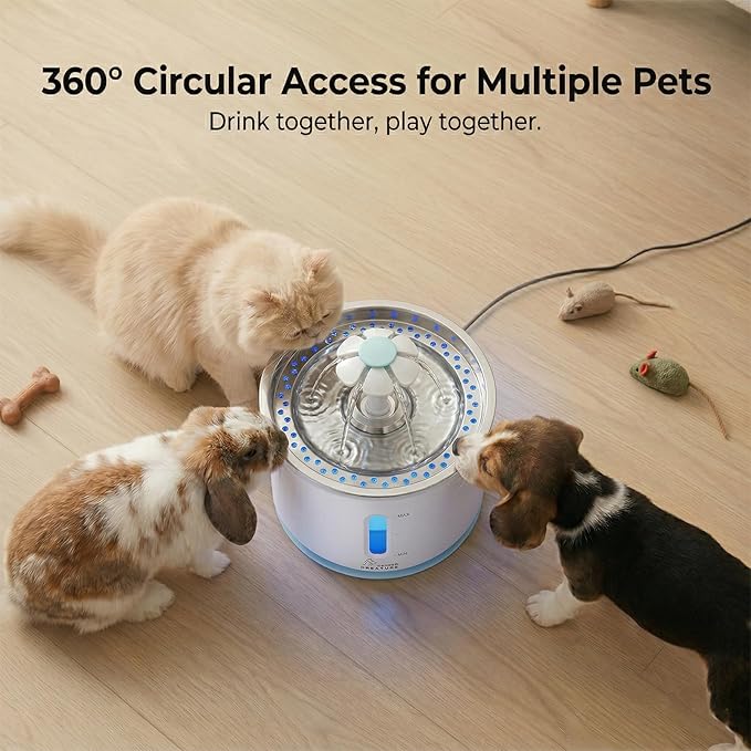 Wonder Creature Cat Water Fountain 2.4L/81oz for Multiple Cats, Stainless Steel Lid Automatic Pet Fountain with Ultra Quiet Pump, LED Light & Water Level Window