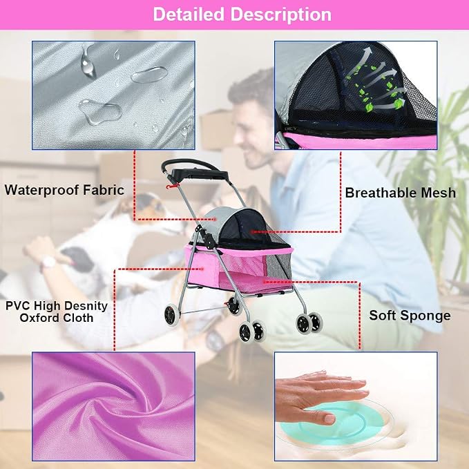 HGS Pet Cat Dog Stroller 4 Wheels Jogger Puppy Travel Carrier Portable Doggie Cage Strolling Cart with Cup Holders, 35Lbs Capacity Folding Waterproof Strolling Cart for Medium Dogs Cats Pet, Pink