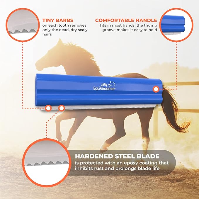 EquiGroomer Deshedding Brush, 8-Inch for Horses and Large Pets, Blue, Removes Loose Dirt, Hair, and Fur, Professional Undercoat Grooming Tool