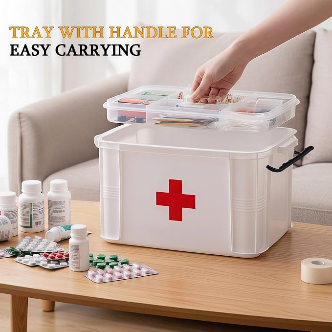 2 Pack Clear Medicine Organizer Box with Handle, Plastic Medicine Container with Tray First Aid Box Empty, Thickened Medicine Storage Organizer Multipurpose Medication Organizer Storage, White