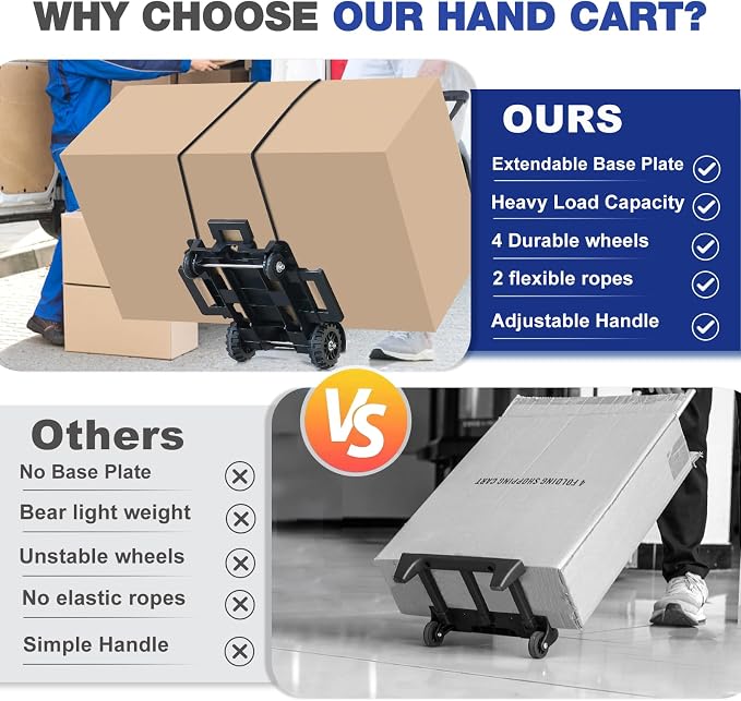 Folding Hand Truck Small Dolly,Foldable Utility cart with 4 Wheels | 2 Elastic Ropes,Foldable cart,Backpack Trolley,Car seat dolly for airport,Travel,Moving,Shopping Lightweight for Women